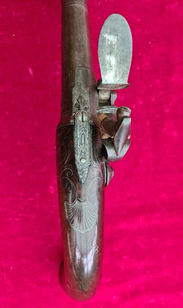 A rare Queen Anne Silver Mounted Flintlock pistol made by T. Richards of London. Circa 1740.Ref 3716